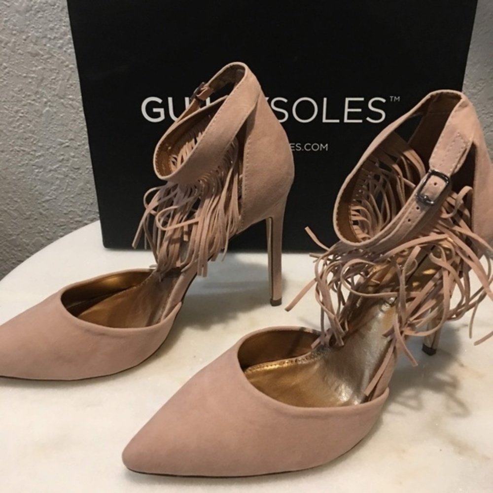 Fringe Ankle-Strap Pointed Toe Heels - Blush